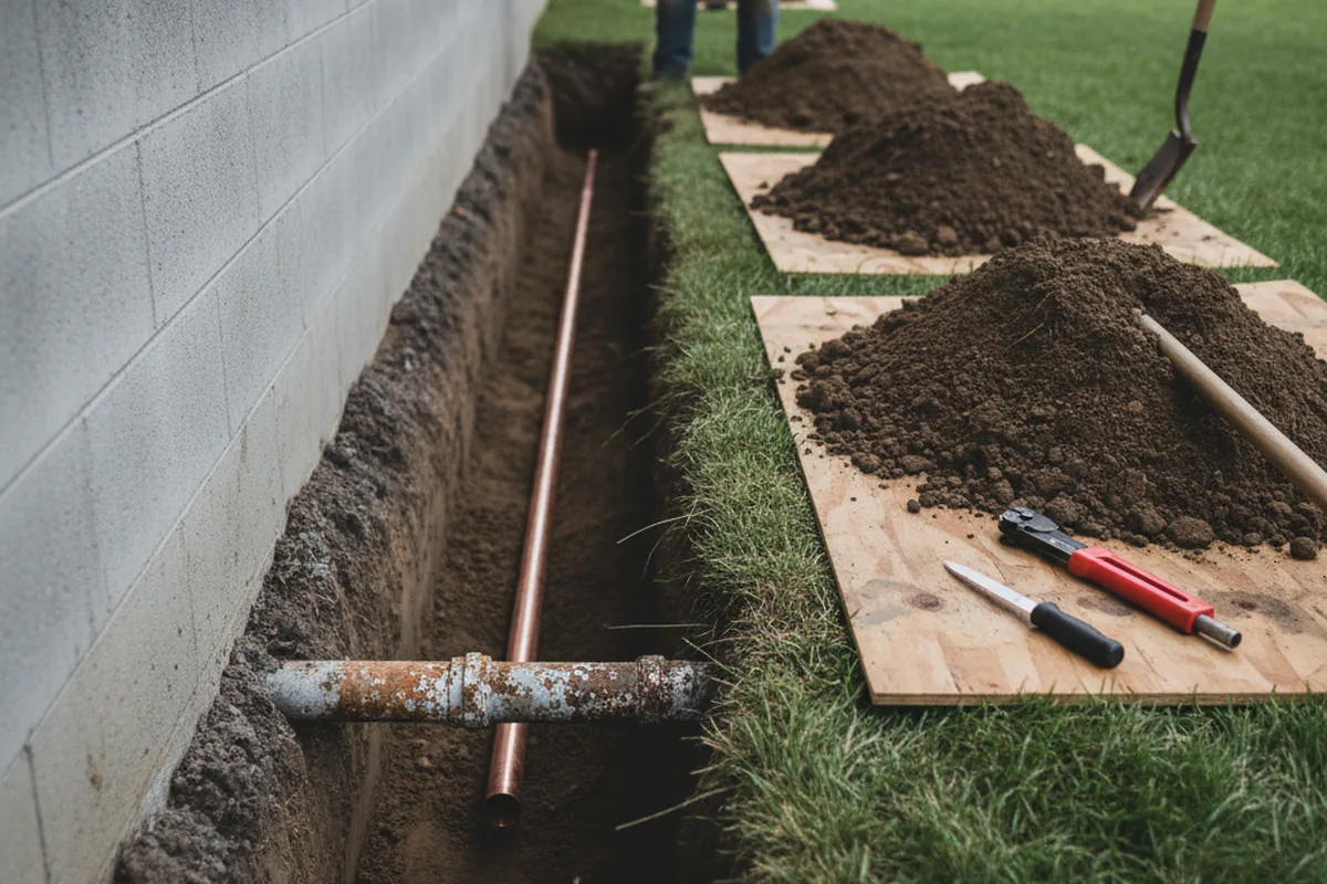 Excavated water line trench during Water Heater Repair in Big Creek